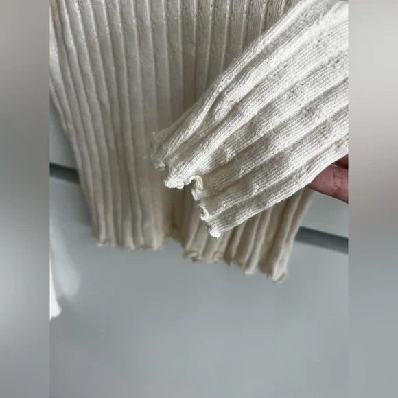 CLEARANCE Women’s Ribbed Cream Colored Long Sleeve Lettuce Trim Shirt - Picture 5 of 6